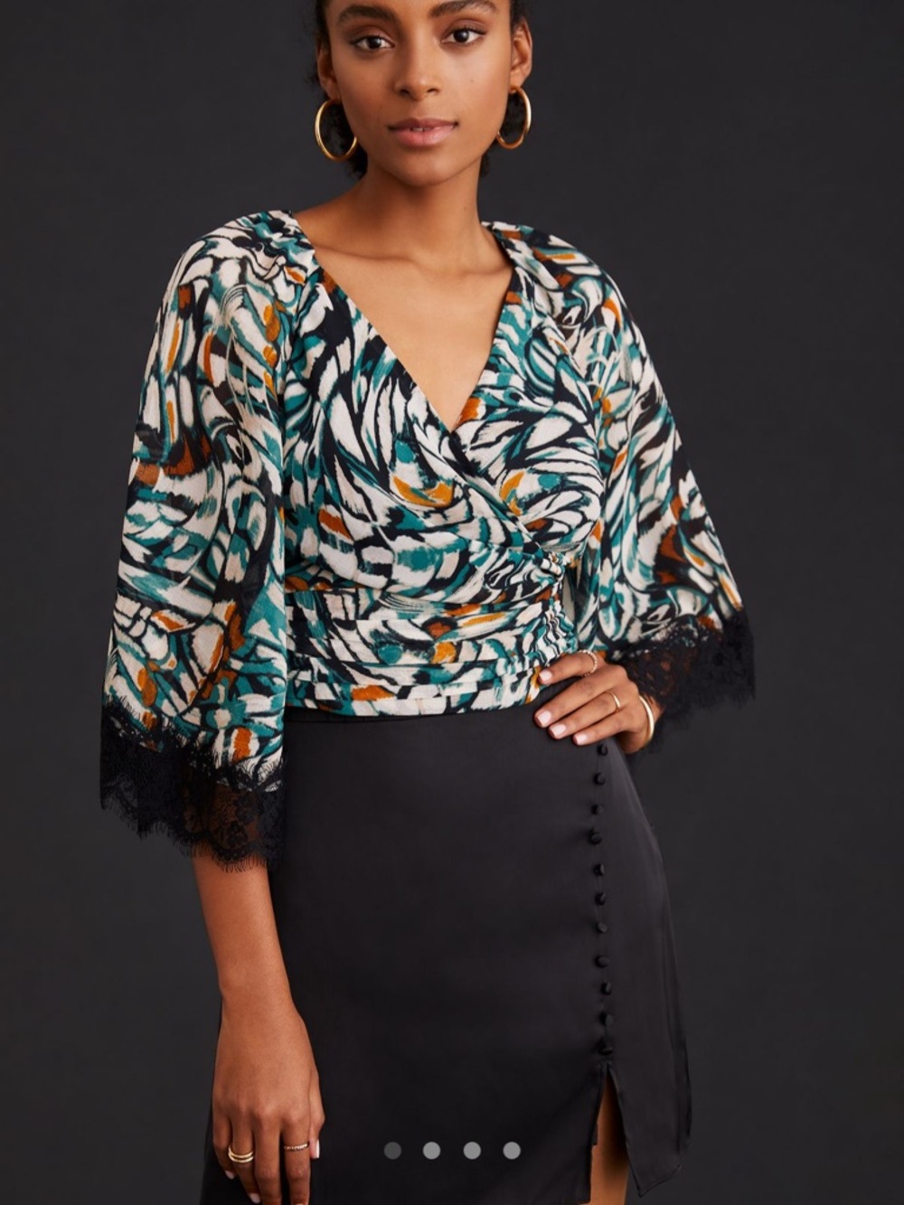 Anthropologie Printed Wrap Blouse with Black Lace Trim